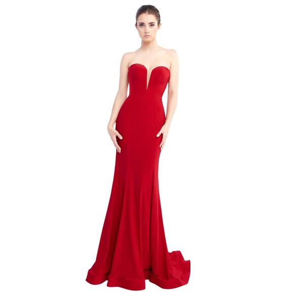 Mac Duggal Bustier Gown Women's 8 Red Strapless Sweetheart Maxi Pooled Train - Picture 1 of 13